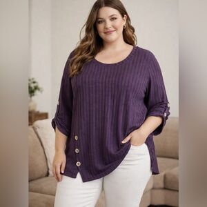 Always Indigo Women’s Ribbed Tunic Top Button Accent 3/4 Sleeve Purple Size 3X